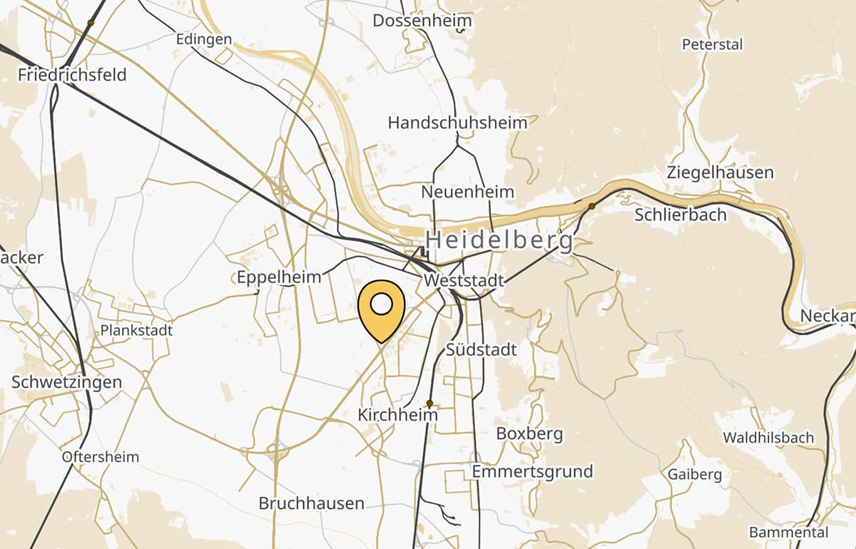 Karte von Heidelberg und Umgebung mit eingezeichnetem Speicherschmid-Standort